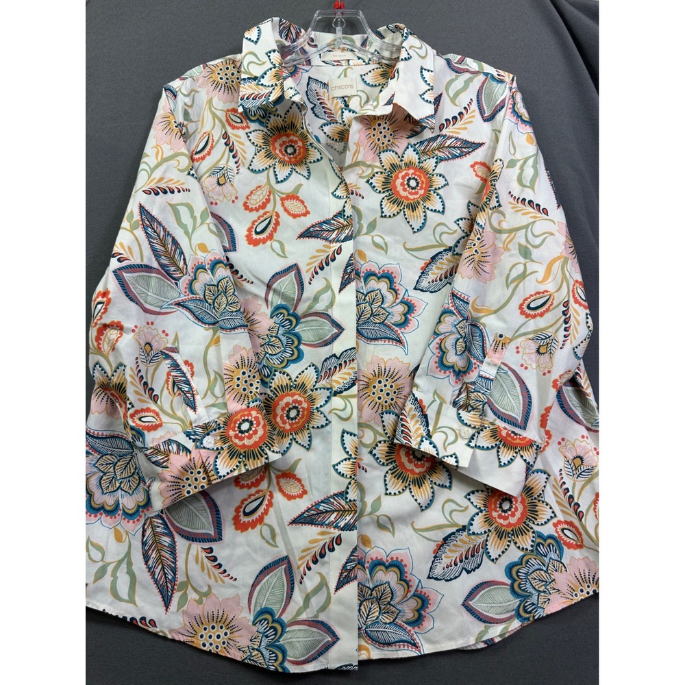 Chicos No Iron Floral Paisley Button Down Shirt White Multi 3/4‎ Sleeve Size 1